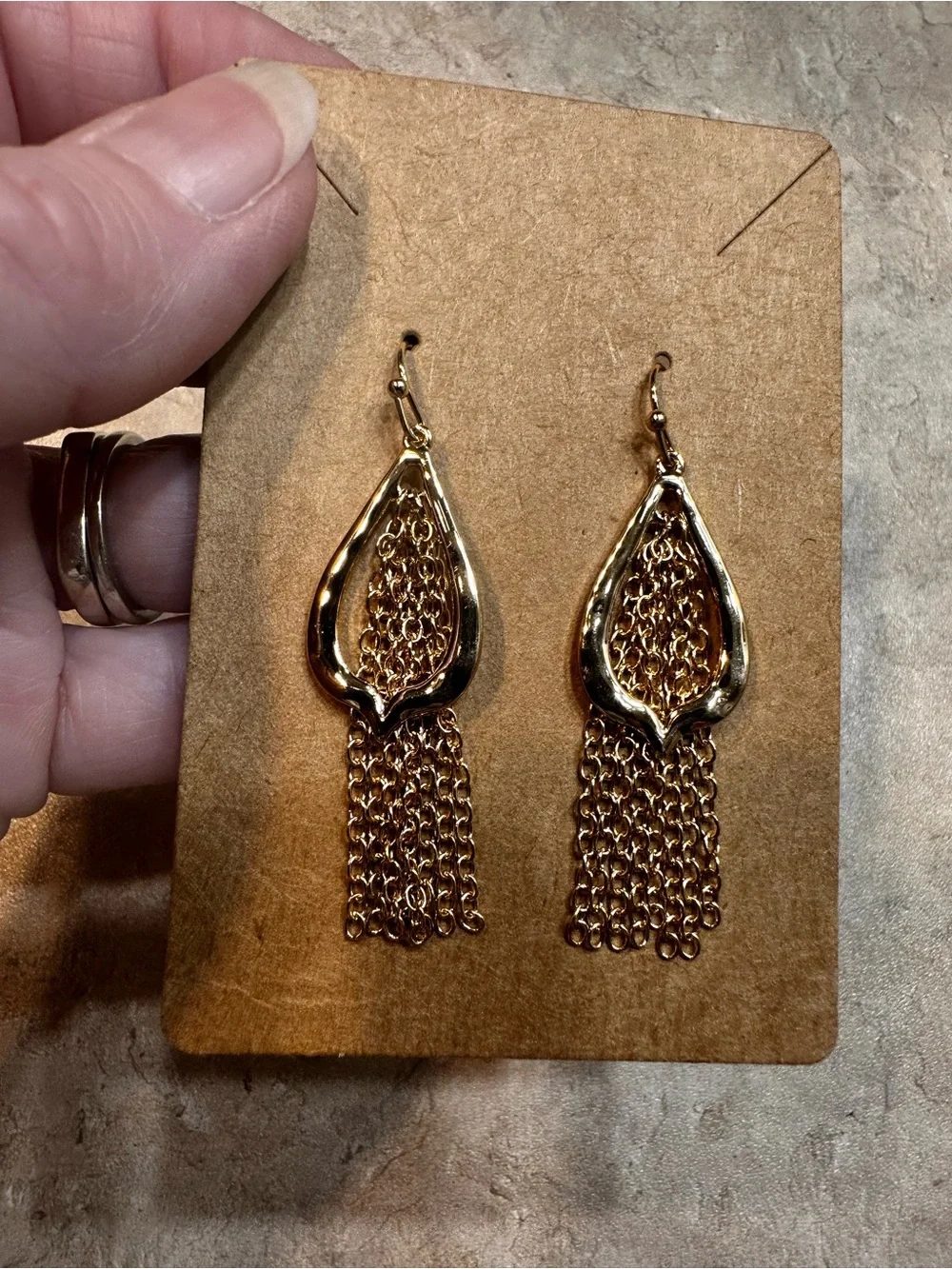Gold tone teardrop chain tassel dangle pierced earrings BoHo statement